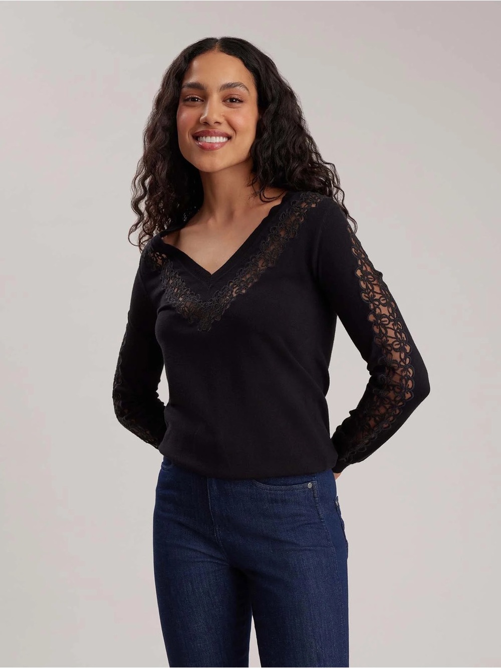 Anne Fontaine Edmee Black Lace V Neck Sweater Long Sleeve Size L